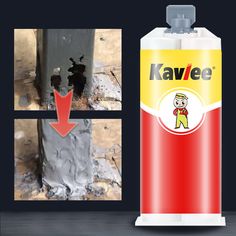 a can of kavee next to a brick wall with an arrow pointing towards it