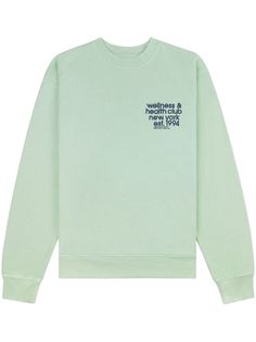 mint green/navy blue cotton jersey texture slogan print logo print at the chest crew neck long sleeves ribbed cuffs and hem pull-on style When buying this unisex item, keep in mind that it is graded in standard men's sizing. Logo Print Sweater For Winter Loungewear, Long Sleeve Logo Print Sweatshirt For Loungewear, Crew Neck Logo Print Sweater For Loungewear, Cotton Crew Neck Sweater With Logo Print, Green Long Sleeve Top With Embroidered Logo, Crew Sweatshirt With Logo Print For Loungewear, Crew Neck Logo Print Sweatshirt For Loungewear, Casual Crew Sweats With Embroidered Logo, Crew Neck Sweatshirt With Logo For Loungewear