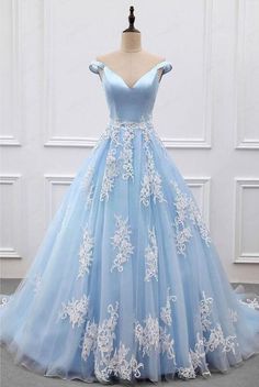 Light Blue Ball Gown Prom Dress,Sexy Prom Dress With Lace Appliques Blue Tulle Prom Dress, Maroon Bridesmaid Dresses, Blue Wedding Dress, Light Blue Prom Dress, Blue Ball Gowns, Senior Prom Dresses, V Neck Prom Dresses, Blue Dress Formal, Blue Ball