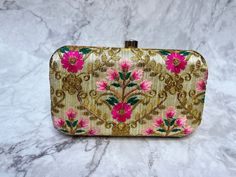 "Floral Pattern Indian Box Clutch Bags With Golden Shoulder Chain Included. These clutch bags are perfect for any day or evening occasion. Size = 8\" x 4.5\" x 2.5\" Bulk order pricing available, please message directly for any queries. *Please note, colour may vary slightly from picture. *" Rectangular Multicolor Box Bag For Party, Multicolor Rectangular Box Bag For Party, Multicolor Rectangular Evening Bag For Festivals, Gold Embroidered Rectangular Evening Bag, Pink Rectangular Pouch For Formal Occasions, Traditional Multicolor Clutch For Formal Occasions, Pink Embroidered Clutch For Formal Occasions, Formal Pink Rectangular Pouch, Embroidered Rectangular Formal Clutch