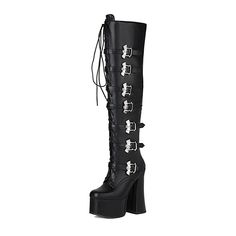 Shop Black Chunky Heeled Platform Punk Over The Knee Boots With Bat color Black for Going out, Night Club, Party with worldwide Free shipping & Free return. Punk Style Platform Boots For Concerts In Fall, Fitted Punk Platform Boots With Round Toe, Faux Leather Boots For Halloween, Punk Style Faux Leather Platform Boots For Concert, Punk Style Platform Boots For Concerts, Edgy Moto Boots For Winter Parties, Alternative Faux Leather Platform Boots For Concert, Punk Style Moto Boots For Winter Cosplay, Edgy Winter Moto Boots For Party