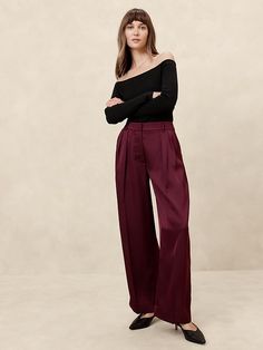 Silky Relaxed Trouser | Banana Republic Factory Banana Republic Satin Pants, Burgandy Work Pants, Women's Trouser Pants, Best Trouser Pants For Women, Burgandy Straight Pants, Belts For Women Trousers, Pants For Soft Dramatic, Cocktail Attire Pants, Satin Trousers Outfit