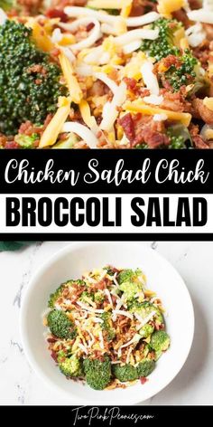 chicken salad with broccoli and shredded cheese in a white bowl