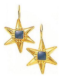 A golden star holding a celestial blue lapis centerstone is worth a celebration. Hand crafted of 24k gold over sterling silver, with European backs for pierced ears. Size: 1 1/8 Inch. 14k Gold Star Shaped Pierced Jewelry, Gold Star Of David Gemstone Jewelry, Gold Star Of David Jewelry With Gemstone, Gold Celestial Earrings For Formal Occasions, Gold Star Earrings For Formal Occasions, Star-shaped Yellow Gold Jewelry, Star-shaped Hallmarked Formal Jewelry, Celestial Yellow Gold Earrings With Gemstone, Star Shaped Yellow Gold Gemstone Jewelry