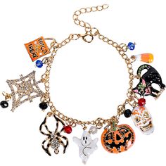 PRICES MAY VARY. Unique Design - Our bracelet is designed with popular Halloween elements, such as pumpkin, ghost, spider, black cat, etc., embellished with colorful faux crystal charms, looks very beautiful. Adjustable Size - The total length of the bracelet is about 25cm/9.8 inch, of which the adjustable part is about 5cm/2 inch, you can adjust to fit your wrist, one size fits for most people. Durable Material - The Halloween bracelet is made of good quality metal material, will not rust and n Scene Goth, Halloween Party Costume, Halloween Elements, Bracelet For Girls, Ghost Spider, Halloween Bracelet, Boo Basket, Pumpkin Spider, Pumpkin Ghost