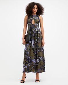 Shop the Kaya Floral Batu Maxi Dress in DEEP KHAKI GREEN at ALLSAINTS US from our collection of Dresses. Free shipping on all US orders. Dressing Gown Robe, Flowy Fabric, Floral Print Maxi, Printed Dress, Set Outfit, Khaki Green, Workwear Dress, All Saints, Cocktail Party