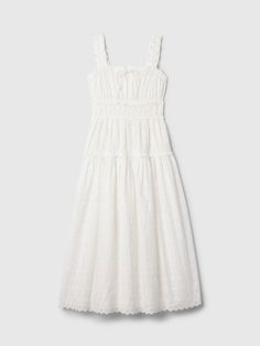 Gap × DÔEN Eyelet Midi Dress | Gap Casual Midi Dress With Fitted Bodice For Daywear, Casual Spaghetti Strap Dress By Gap, Square Neck Midi Dress With Adjustable Straps For Daywear, Elegant Smocked Dress With Ruffled Straps For Brunch, Elegant Cotton Smocked Midi Dress, Gap Spring Midi Length Maxi Dress, Gap Spring Midi Maxi Dress, Gap Midi Length Maxi Dress For Spring, Summer Chic Gap Maxi Dress