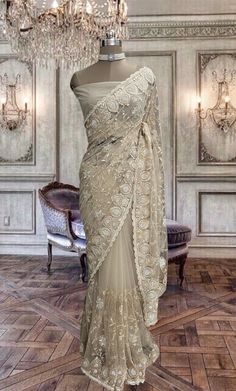 Beautiful beige net saree with thread and stone work and running blouse piece. Glitter Falling, Net Blouses, Crepe Saree, Georgette Blouse, Bleu Pastel, Net Saree, Rose Pastel, Organza Saree, Saree Look