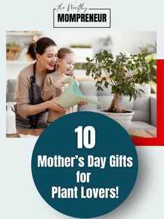 Photo of a mom and daughter watering a plant.