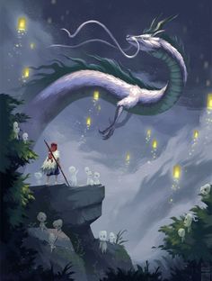 a girl standing on top of a cliff next to a dragon