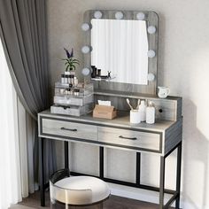 a dressing table with a mirror and stool