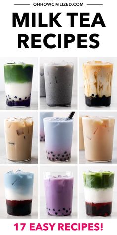 different types of milk teas with text overlay that reads 17 easy and delicious milk tea recipes