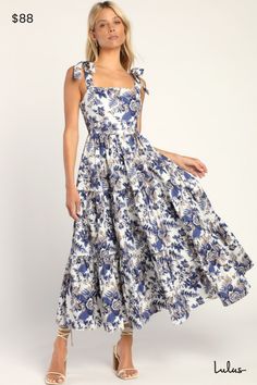 Capture that vacay vibe no matter where you are in the Lulus Mallorca Memories White Floral Print Tiered Tie-Strap Maxi Dress! Midweight woven fabric boasts a vintage-inspired floral print as it shapes tying shoulder straps that support a princess-seamed bodice with a fitted waist. Tiered skirt falls to a maxi hem. Hidden zipper/clasp at side. Fit: This garment fits true to size. Length: Ankle length. Size medium measures 43.25" from adjustable straps to hem. Bust: Great for any cup size. Waist: Maxi Dress Floral, Lulu Fashion, Adhesive Bra, Dresses Xxl, Fall Skirts, Tier Skirt, Strapless Bra, Tiered Skirt, Cup Size