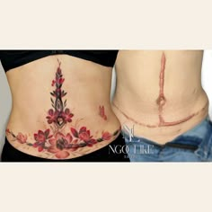 two women's stomachs with flowers and butterflies painted on the side, one is showing