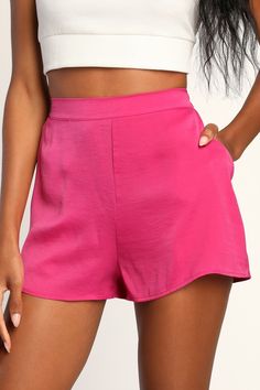 You'll be feeling sweet in the Lulus Extra Love Magenta Satin High-Waisted Shorts! These comfortable satin shorts begin at a high waist (with a bit of elastic at back for fit) before continuing into a relaxed silhouette. Side seam pockets. Fit: This garment fits true to size. Length: Above mid-thigh. Size medium Inseam: 2.25 Front Rise: 12.50 Waist: Fitted - elastic waist allows stretch. Hip: Not Fitted - room for hips. Fabric: Fabric has no stretch. Unlined. 100% Polyester. Hand Wash Cold. Do N Flirty Bottoms With Built-in Shorts Short Length, High Waist Pajama Shorts For Day Out, Flirty High-waisted Shorts With Built-in Shorts, Flirty High Waist Summer Bottoms, Flirty High-waist Summer Bottoms, High Waist Flirty Summer Bottoms, Pink High-waisted Pajama Shorts For Spring, High-waisted Pink Pajama Shorts For Spring, Chic High-waisted Pajama Shorts With Elastic Waistband