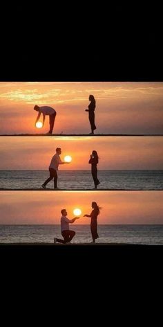 people are silhouetted against the setting sun at the beach as they play with each other