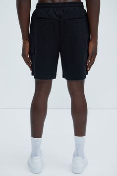 Available In Black. Elastic Waist Drawstring Side Pockets Back Pockets Cargo Flap Pockets Textured Detail Pair With "Gerrish Textured Shirt" 97% Cotton 3% Spandex Imported | Mens Gerrish Textured Shorts in Black size Medium by Fashion Nova Black Relaxed Fit Nylon Shorts, Black Nylon Shorts With Relaxed Fit, Nylon Loungewear Shorts, Black Nylon Short Bottoms, Black Cargo Shorts With Elastic Waistband, Black Relaxed Fit Cargo Shorts For Summer, Black Cargo Shorts For Spring, Nylon Lounge Bottoms Short Length, Black Lounge Shorts With Side Pockets