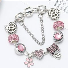 Romantic Pink Love Heart Charm Bracelet. Length 21cm Clasp Type Pandora Style Valentine's Day Heart-shaped Alloy Bracelet, Valentine's Day Alloy Bracelet, Heart-shaped Alloy Bracelets As Gift, Heart-shaped Alloy Bracelet For Gift, Silver Alloy Wedding Bracelets, Silver Heart-shaped Alloy Bracelets, Silver Alloy Charm Bracelet For Party, Adjustable Silver Alloy Crystal Bracelet, Adjustable Silver Crystal Alloy Bracelet