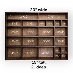 a wooden shelf with measurements for the width of each drawer and two feet below it