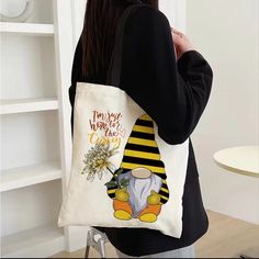 White Gnome Print Black Strap Reusable Shopping School Everyday New In Bag Smoke Free Home Cute Yellow Shoulder Bag Gift, Cute Yellow Shoulder Bag For Gift, Cute Yellow Cotton Bags, Casual Yellow Shoulder Bag As Gift, Yellow Canvas Gift Bag For Everyday Use, Yellow Canvas Bag As Gift, Yellow Tote Canvas Bag Gift, Yellow Tote Canvas Bag For Gift, Yellow Canvas Tote Bag For Gifts