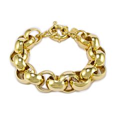 We are fans of the classic Rolo chain style, with its pleasing round, domed links. A large fancy spring ring clasp completes the look. This version is XXL chunky! Handcrafted in NYC 14k gold or rhodium finishes Bracelet is 8" long (contact us if you need a smaller size only) 5/8" | 15.9mm wide chain links Nickel free electroplated brass Clear protective anti-tarnish coating improves durability Comes in a signature pouch with box Remove electroplated jewelry when bathing, showering or swimming. A Luxury Round Bead Chain Bracelet As Gift, Luxury Box Chain Bangle Bracelets, Luxury Gift Chain Bracelet With Round Beads, Luxury Rolo Chain Bracelet As A Gift, Luxury Metal Jewelry With Rolo Chain, Luxury Rolo Chain Jewelry For Formal Events, Luxury Timeless Jewelry With Rolo Chain, Luxury Everyday Rolo Chain Bracelet, Luxury Statement Bracelets With Shiny Finish