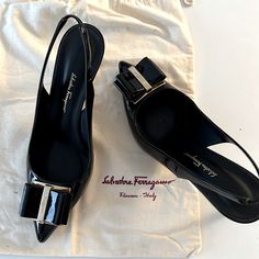 Salvatore Ferragamo Black Slingback Sandals Patent Heels Size 8 Black Patent Heels, Patent Heels, Salvatore Ferragamo Shoes, Ferragamo Shoes, Slingback Sandals, Slingback Sandal, Salvatore Ferragamo, Black Sandals, Shoes Women Heels