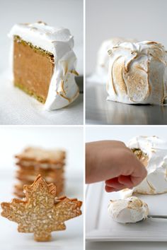 there are four pictures of different cakes with frosting and maple leaf decorations on them