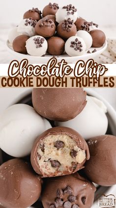 chocolate chip cookie dough truffles are stacked on top of each other and ready to be eaten