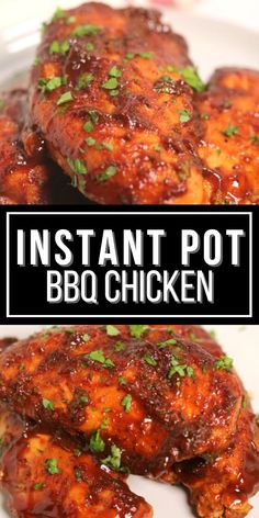 the instant pot barbecue chicken is ready to be cooked in the oven and served on top of