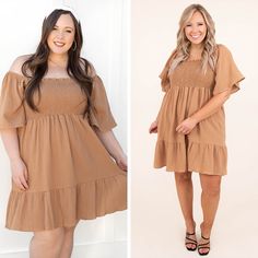 We love this amazing mocha dress! The brown color is so trendy right now and the square neck can be worn on or off the shoulder! The crepe fabric makes this perfect for spring weather so pair this with some fun heels and accessories for a fabulous look! 100% Cotton Mocha Dress, Fun Heels, Spring Weather, The Square, Model Fits, Crepe Fabric, Square Neck, Brown Color, Some Fun