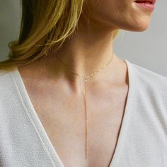 Simple 14k Gold Lariat Birthstone Necklace - Delicate 14k Lariat + Pearl Necklace - Dainty Pure Gold Birthstone Choker Lariat Necklace