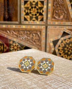 AWTANI's classics that never go out of style. These earrings were inspired by the traditional Syrian mosaic designs that are often carved on wooden boxes. Incorporated with geometric patterns, these designs have been a rich part of Syrian culture and have been an ancient craft passed down from generation to generation for centuries.   Material:  Enamel Brass Metal Traditional Inlay Earrings For Gift, Traditional Inlay Earrings As Gift, Brown Geometric Earrings As Gift, Brown Geometric Earrings Gift, Syrian Culture, Micro Mosaic Jewelry, Art Nouveau Illustration, Arabic Calligraphy Art, Micro Mosaic