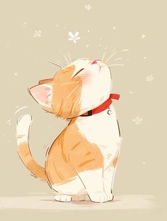 an orange and white cat sitting on top of a floor next to a butterfly filled sky