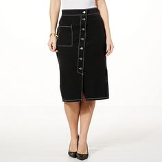 WynneLayers Comfort Stretch Twill Pull-On Pencil Skirt Whether it's a day at the office or out on the town, this comfort stretch twill pencil skirt with contrast stitching and a button-down closure will keep you as comfortable as you are stylish. Black Pencil Skirt For Spring Day Out, Black Pencil Skirt With Pockets For Spring, Skirt Waistband, Pencil Skirt Black, Straight Skirt, Types Of Skirts, Contrast Stitch, Skirt Black, Easy Wear