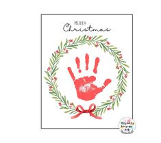 a handprinted christmas card with the words merry christmas and an image of a wreath