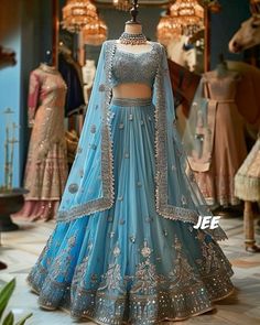 Sky Blue Bridal Lehenga, Sky Blue Wedding Saree Bridal, Sky Blue Lehenga Party Wear, Sky Blue Lehenga Wedding, Lehnga For Sister's Wedding, Blue Engagement Lehenga, Blue Lehenga Outfit, Blue Lehenga Bridal, Blue Lehenga Designs