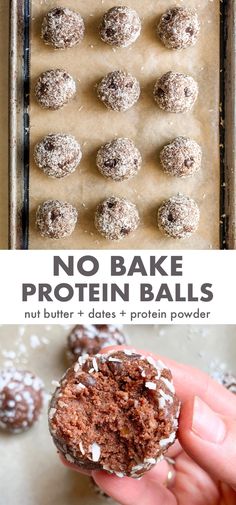 no bake protein balls are being held up in front of a baking sheet with the words, no bake protein balls