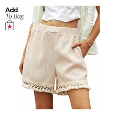 in stock Khaki Shorts For Summer Vacation, Trendy Spring Bottoms With Tassels, Khaki Beach Shorts For Summer, Trendy Khaki Shorts For Summer, Summer Bottoms With Tassels For Beach Season, Bohemian Beige Shorts For Summer, Spring Vacation Beige Shorts, Khaki Shorts For Summer Day Out, Trendy Tasseled Summer Bottoms