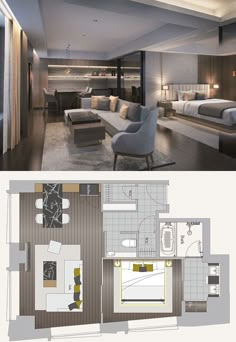 the floor plan for this modern hotel room is shown in two separate sections, with one bedroom and another bathroom