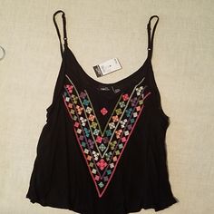 Black Tank With Multi-Tribal Color Print Trendy Black Tank Top For Beach, Trendy Black Tank Top For The Beach, Trendy Black Tank Top For Festival, Casual Black Tops For Festival, Black Casual Tank Top For Festivals, Casual Black Tank Top For Festivals, Black Tank Top For Summer Festivals, Rue 21, Color Print