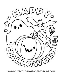 a happy halloween coloring page with a pumpkin and ghost in the center, on top of it