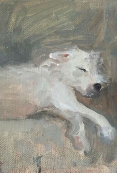 a painting of a white dog laying down