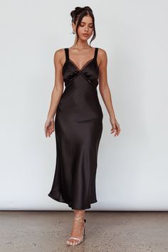 Nyah Lace Trim Midi Dress Black Black Satin Midi Dress, Brown Bridesmaid Dresses, She Is Clothed, Midi Dress Black, Romantic Dinner, Dinner Date, Iron Material, Satin Midi Dress, Black Midi