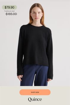 It's all in the details with our Mongolian Cashmere Boxy Crewneck Sweater. Crafted in a fine-gauge knit, this cozy sweater is designed with drop shoulders, delicate rolled edges, and a split hem to set it apart from our classic crew. Cut with a boxy silhouette for ease of movement, this comfy style puts a fresh spin on the classic crewneck.  | Quince | Women's Mongolian Cashmere Boxy Crewneck Sweater in Black, Size Medium Gold Chain Link Necklace, Leather Jacket With Hood, Crew Cut, Cozy Sweater, Comfy Fashion, Bubblegum Pink, Split Hem, Crewneck Sweater, Cozy Sweaters