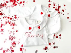 Valentines Day Peter Pan collar with detailed embroidery in the font color of your choice. This makes the perfect layering piece for your baby boy or girl or toddler this Valentines Day! Choose from:  Hearts on Collar Only Hearts on Collar + name in center Sweatshirt w Hearts on collar, name on sweatshirt optional Gift Red Embroidered Top, Red Embroidered Top For Gift, Red Embroidered Tops Gift, Red Embroidered Tops As Gift, Collared Undershirt, Baby Valentines Shirt, Preschool Valentine, Valentines Embroidery Designs, Valentine Embroidery