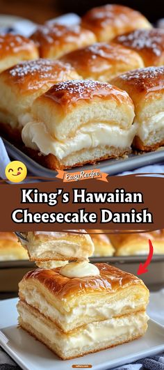 the king's hawaiian cheesecake danish is cut in half and ready to be eaten