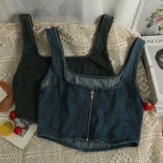 Trendy Cropped Denim Blue Tank Top, Trendy Dark Wash Denim Tank Top, Black Denim Vest For Summer, Fitted Blue Tank Top With Square Neck, Blue Fitted Tank Top With Square Neck, Chic Fitted Denim Tank Top, Fitted Blue Square Neck Tank Top, Sleeveless Y2k Denim Top, Sleeveless Denim Y2k Top