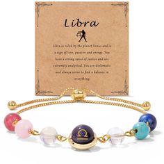 PRICES MAY VARY. 【Libra Gifts】Each of the 12 zodiac signs have its own associated stones, which can be used to strengthen positive traits and balance negative ones.We carefully selected Pink Tourmaline, Rose Quartz, Opal, Clear Quartz, Turquoise and Lapis Lazuli for the Libra bracelet. 【Design Inspiration】 Everyone has their own zodiac sign, and this bracelet is dedicated to the people of Libra. The zodiac sign bead is engraved with a two-sided pattern, the front is sign symbol, the back is Libr Zodiac Sign Round Beads Jewelry As Gift, Celestial Style Bracelet With Adjustable Chain, Celestial Style Bracelet With Adjustable Chain For Gift, Adjustable Celestial Beaded Bracelets As Gifts, Zodiac Sign Bracelet Jewelry Gift, Gold Zodiac Sign Bracelet, Adjustable Spiritual Zodiac Jewelry, Adjustable Zodiac Sign Jewelry Gift, Adjustable Zodiac Sign Jewelry For Gifts