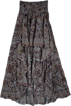 A gorgeous grey high-low style tiered bohemian skirt with brown floral prints. This best of both worlds skirt is literally both - a mini and a maxi skirt. #tlb #HighLow #TieredSkirt #vacationclothing #Floral #Printed #bohemianfashion #GoblincoreSkirt #HighLowSkirt #FloralSkirt #BohemianSkirt Hippie Maxi Skirt, Summer Tiered Brown Maxi Skirt, Brown Tiered Maxi Skirt For Summer, Gray Tiered Summer Skirt, Gray Tiered Skirt For Summer, Summer Tiered Gray Skirt, Bohemian High-low Hem Flowy Maxi Skirt, Bohemian High-low Hem Skirt For Vacation, Bohemian High-low Maxi Skirt