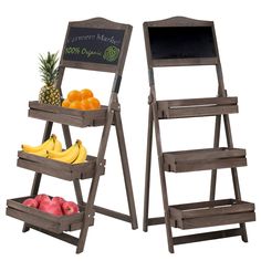 two wooden shelves with fruits and vegetables on them